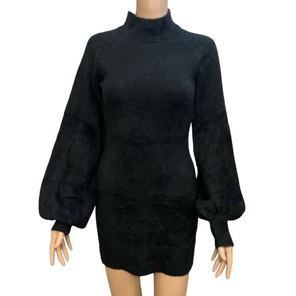 Petal And Pup Daril Sweater Dress Size 0 US Black Mini Balloon Sleeve Mock Neck - Picture 1 of 7